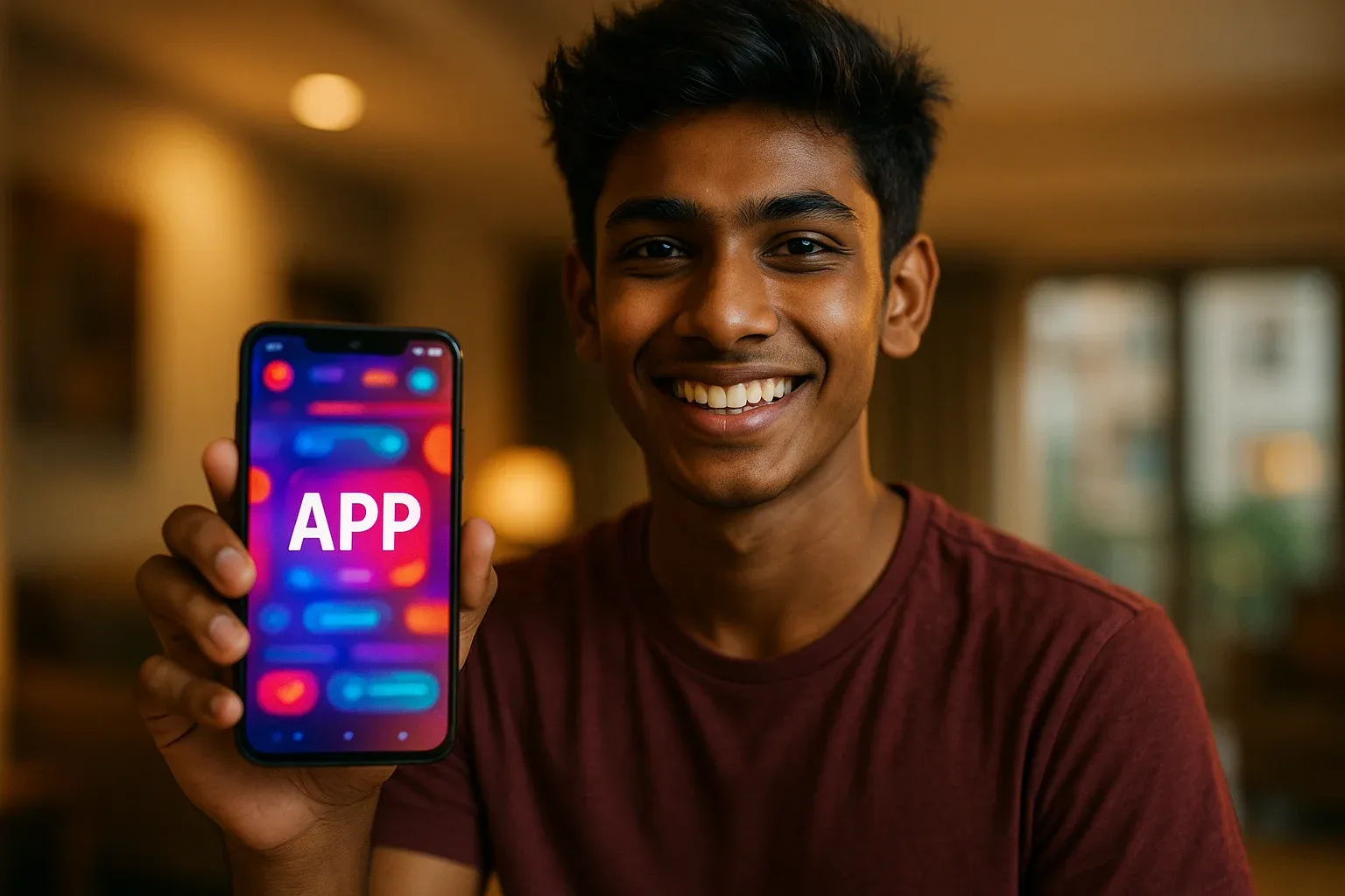 Young Bangladeshi man smiling holding smartphone showing glowing gaming app screen