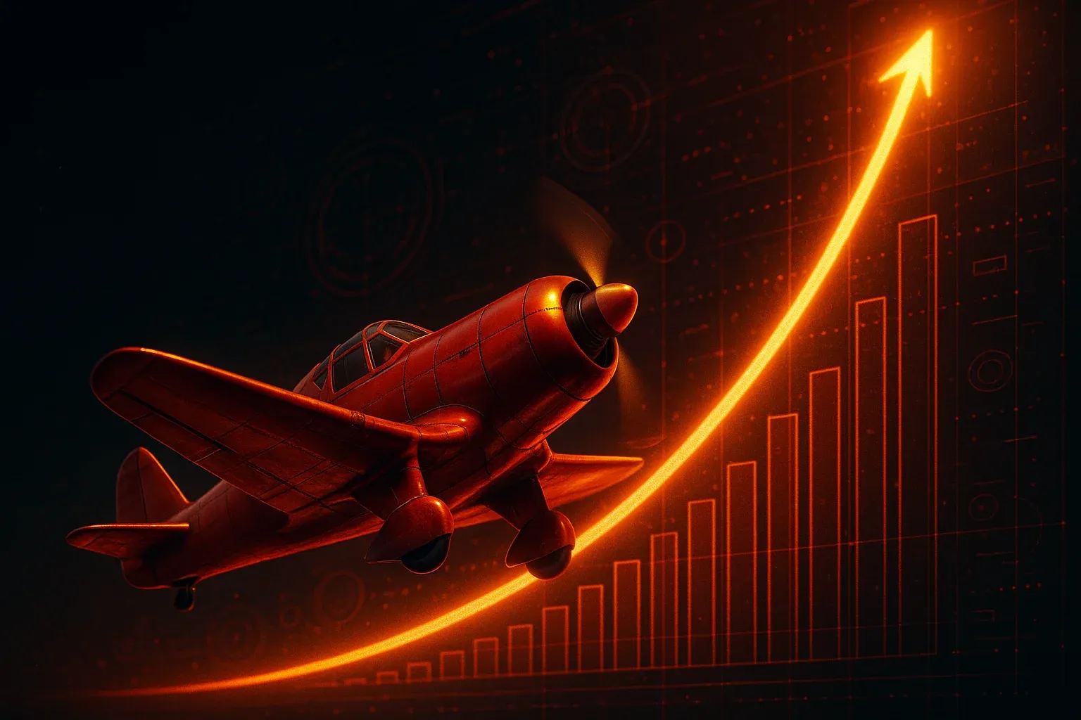 Red aviator plane soaring upward with neon multiplier graph trail at night