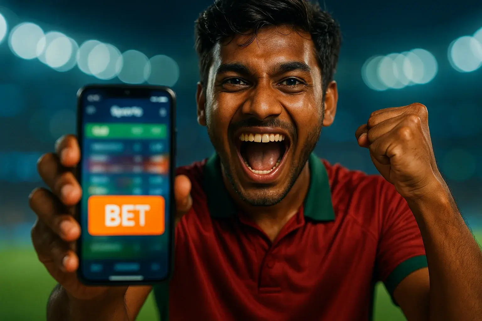 Excited young Bangladeshi man cheering, holding phone showing bold BET screen