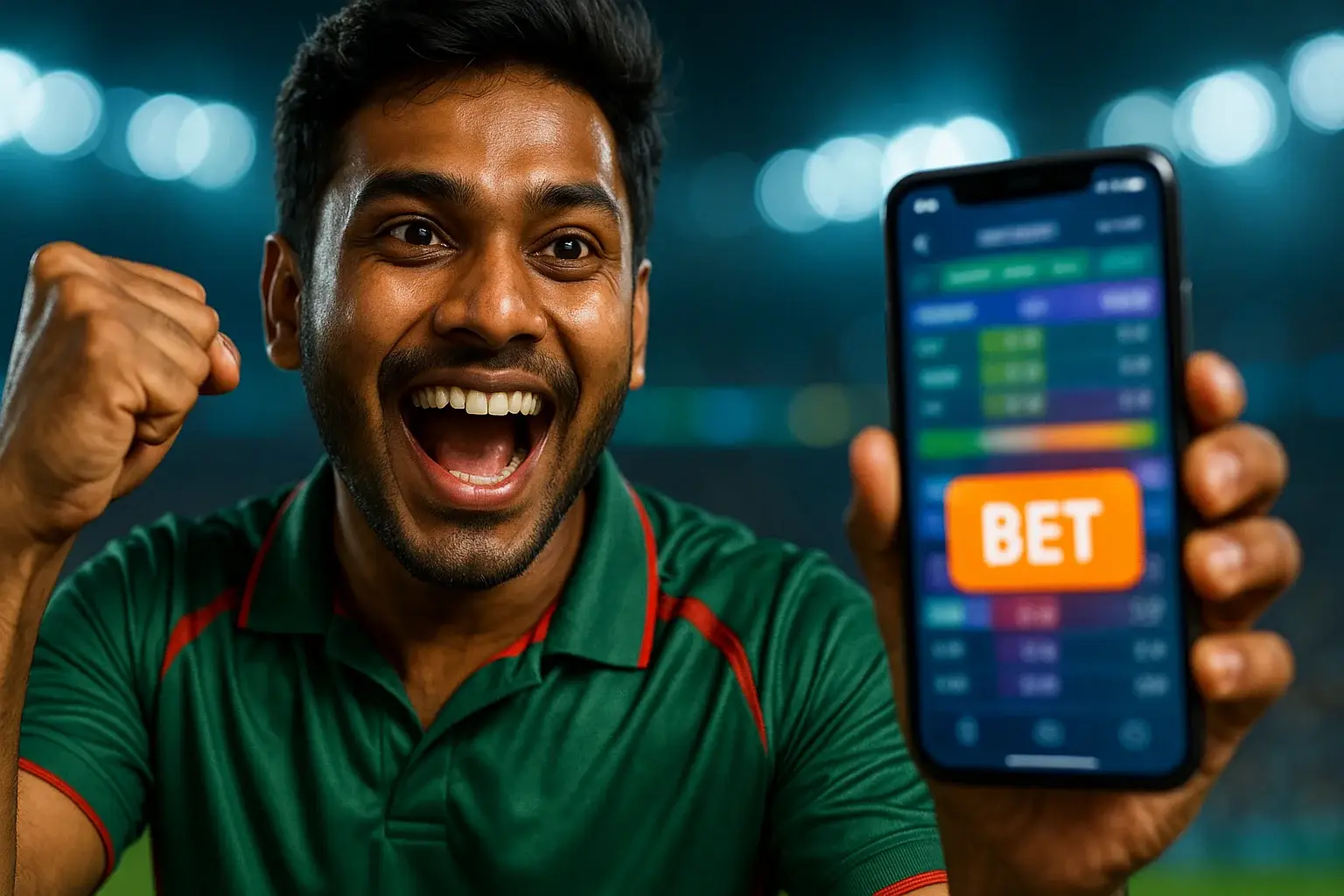 Excited Bangladeshi man cheering, holding smartphone showing bold BET sports betting screen