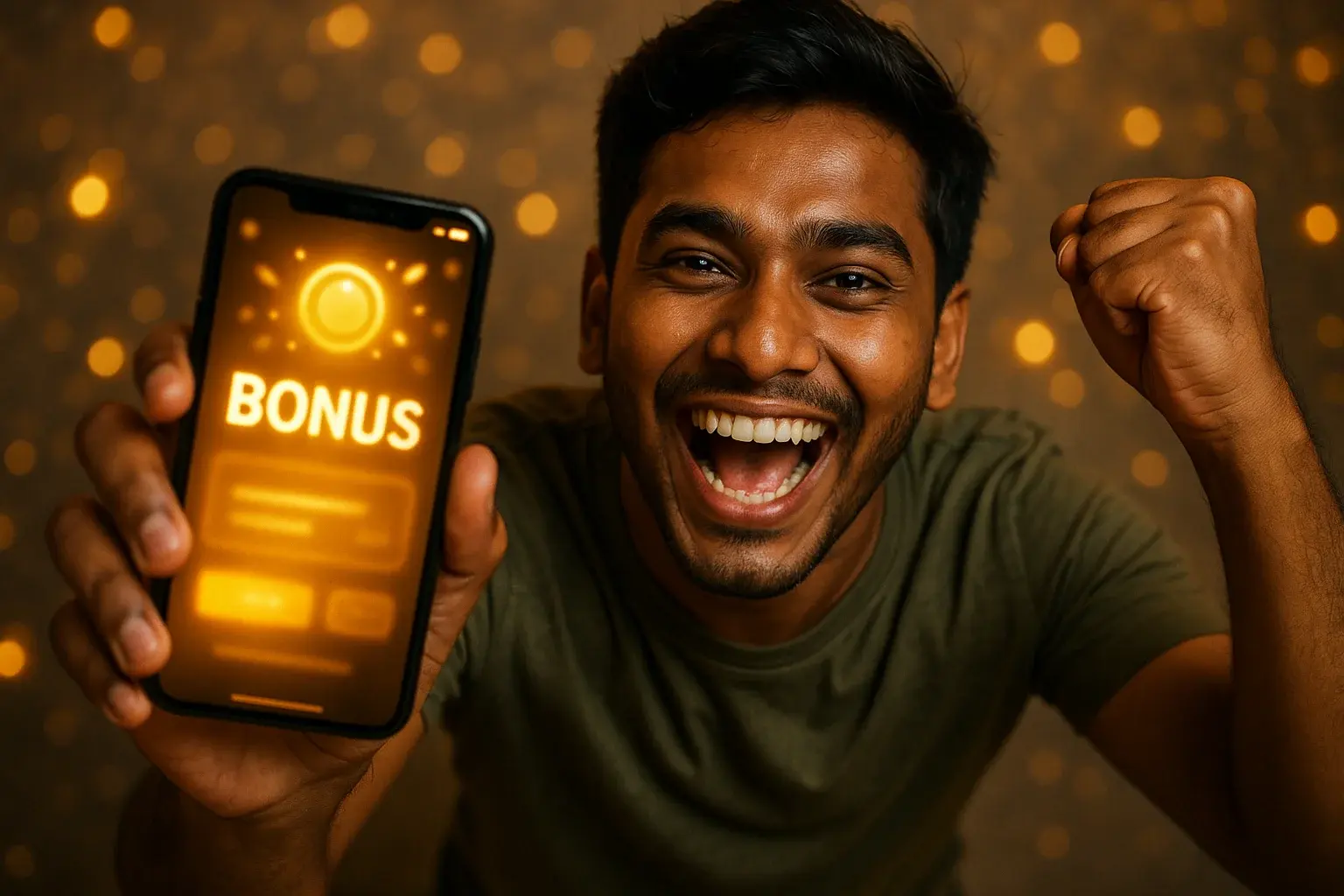 Joyful young Bangladesh man celebrating, holding smartphone showing bold BONUS screen