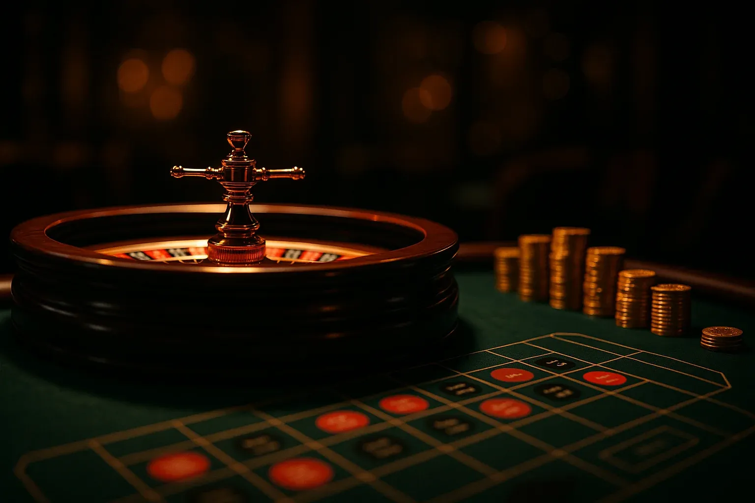 Elegant live casino table with glowing roulette wheel and stacked gold chips