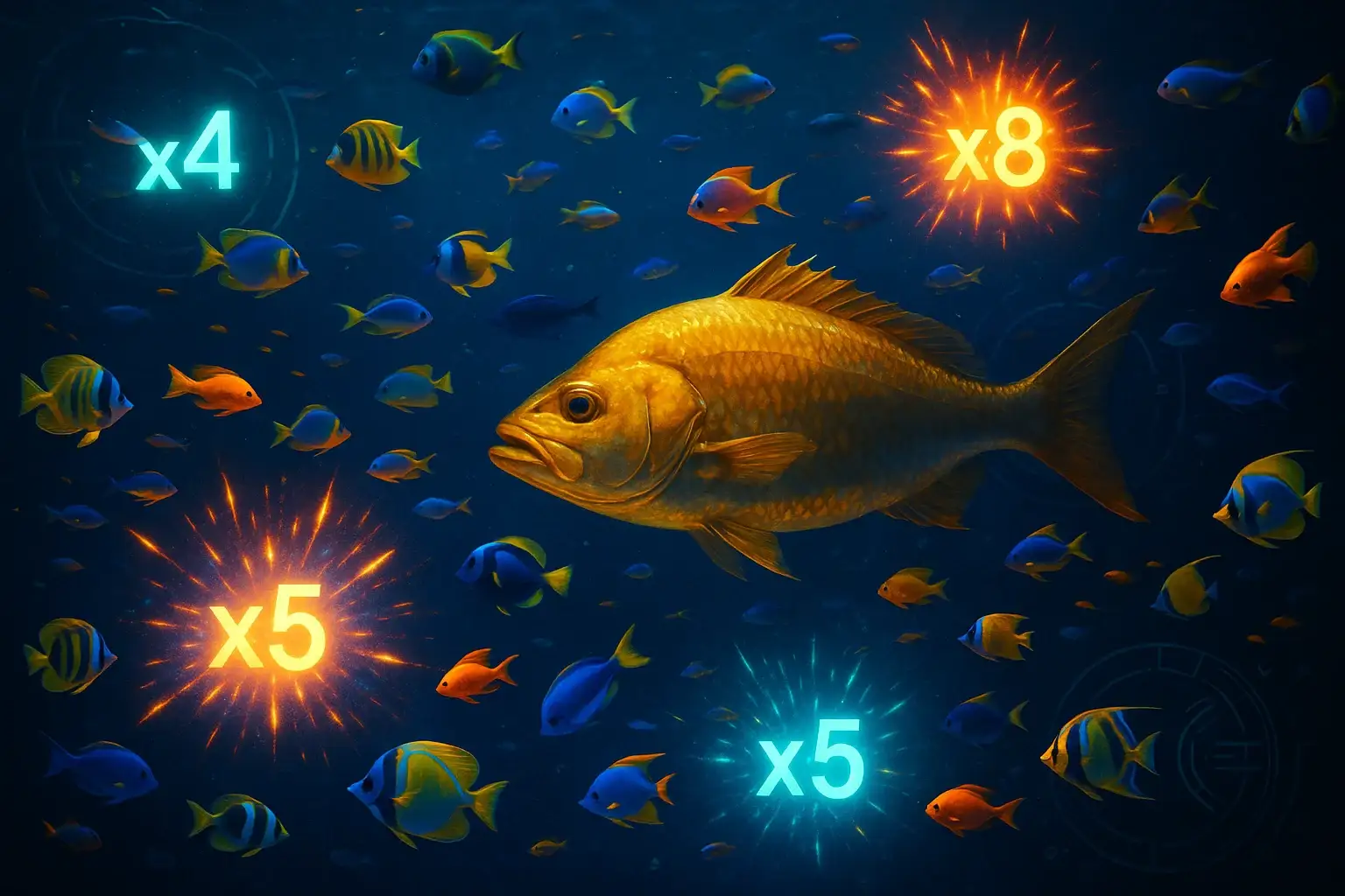 Hyperrealistic underwater arcade scene with glowing tropical fish and golden boss fish