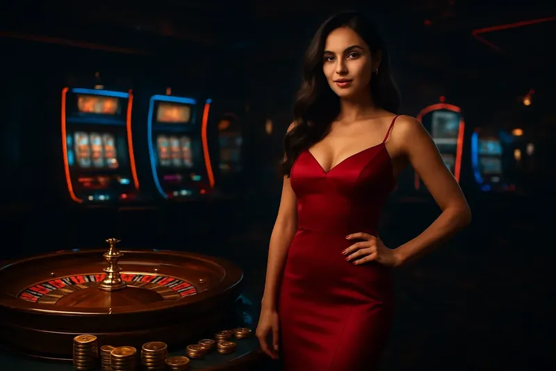 Elegant Casino Banner Beautiful woman in red dress standing confidently near roulette and slot machines with gold coins and poker chips in a luxury Bangladeshi casino atmosphere