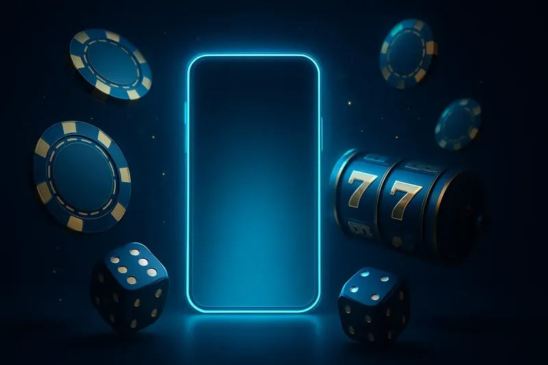 Luxury Casino Banner Glowing smartphone surrounded by casino chips, slot reels, and dice on a dark luxurious background with gold accents