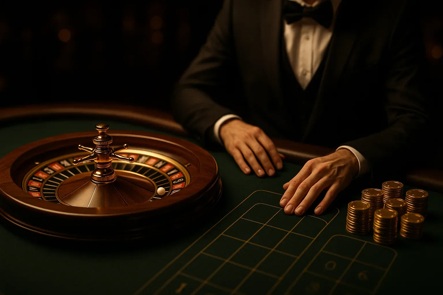 Hyperrealistic wide shot of live casino roulette table with dealer hands