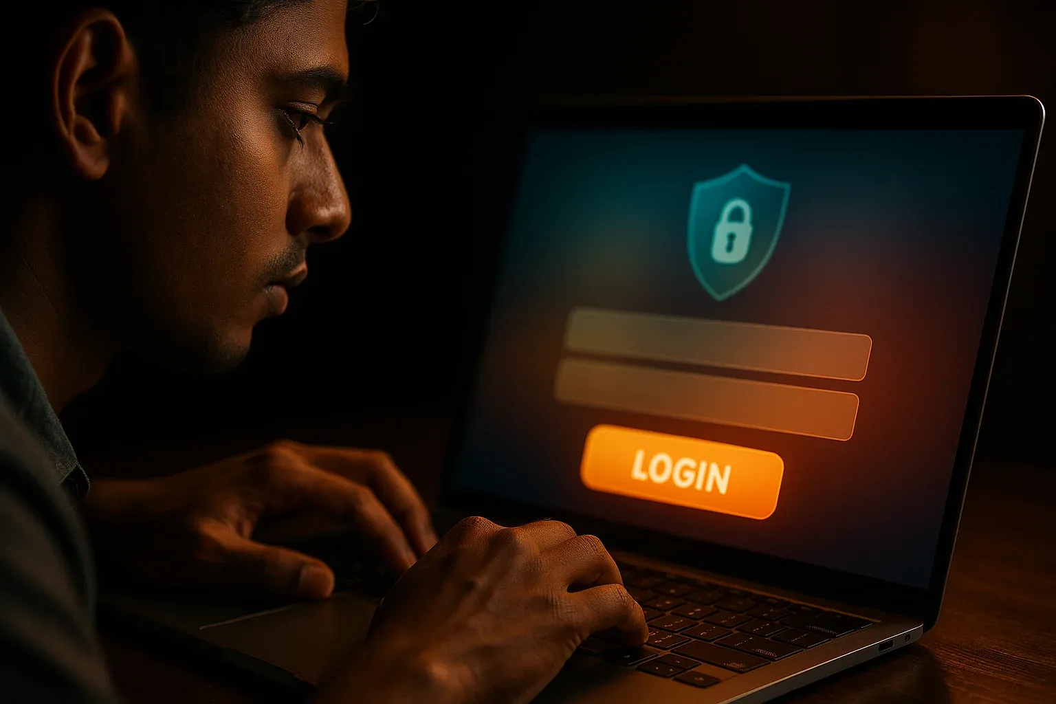 Close-up hands on laptop showing bold LOGIN sign-in form