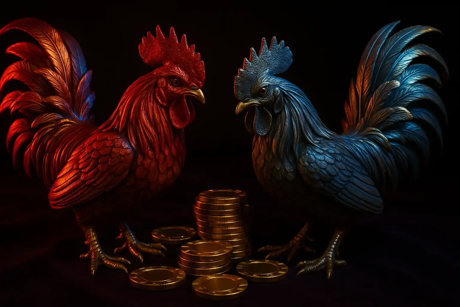 Two decorative rooster statuettes facing off with golden casino chips