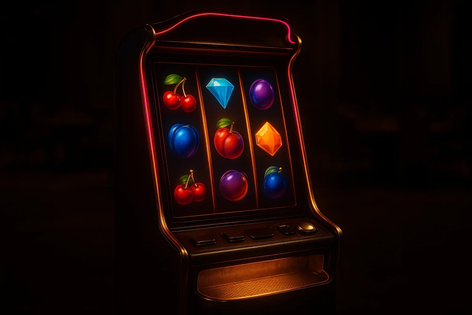 Hyperrealistic wide shot of premium slot machine in dark luxury casino